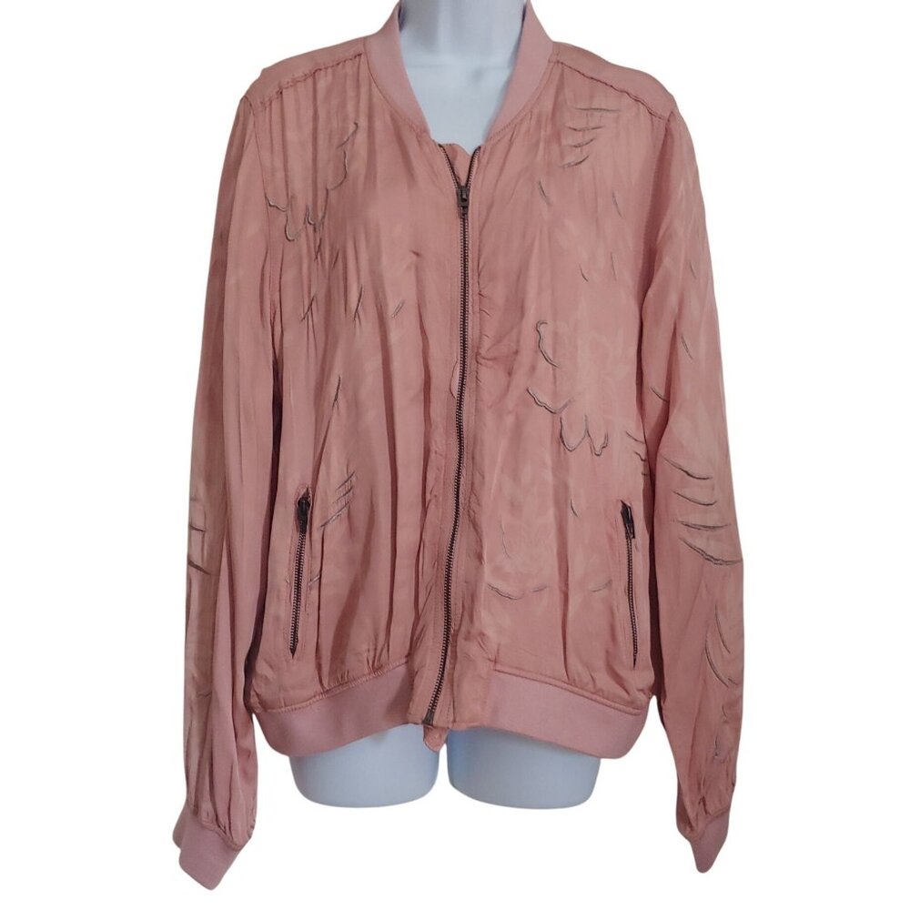 BlankNYC Dusty Pink Embroidered Full Zip Pockets L-Sleeve Silky Jacket L
